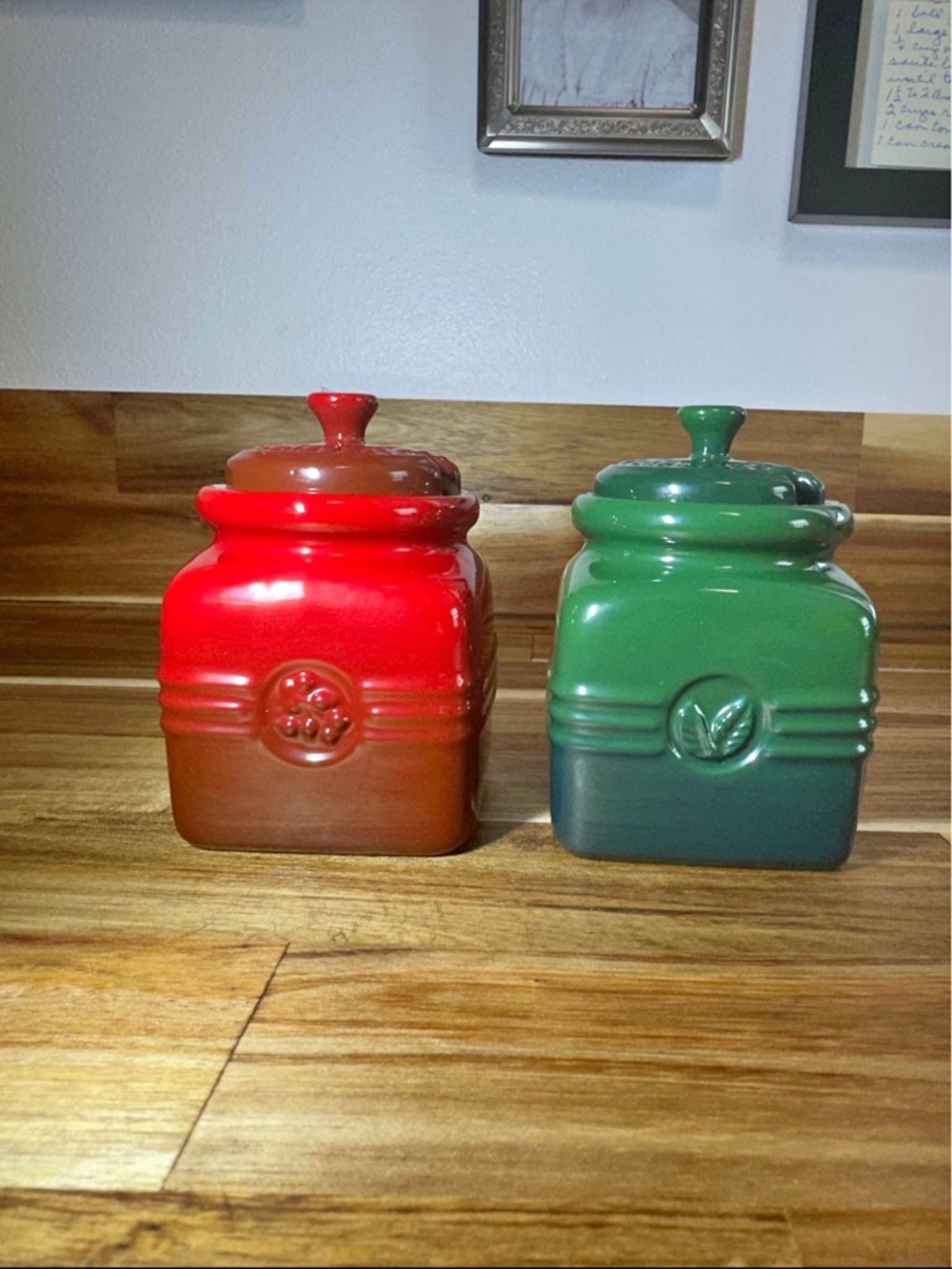 Pair of Le Creuset Red and Green stoneware Jam jars, condiment jars RARE
